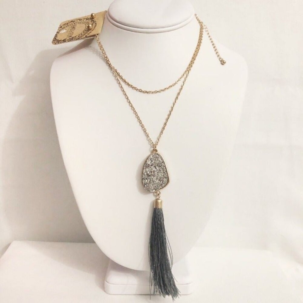 Wildflower Druzy Tassel Pendant Necklace Earring Set Gold Tone NWT